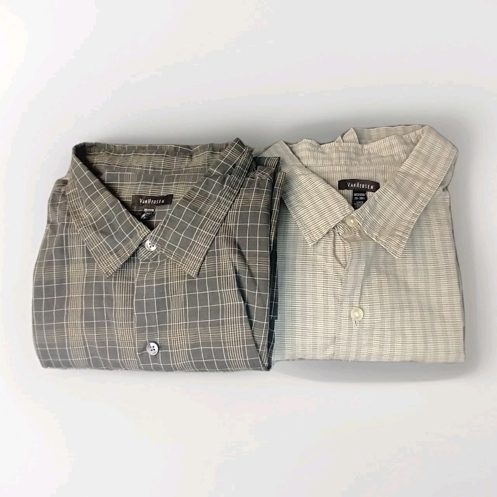 Lot of 2 Van Heusen Mens 3XLT Short Sleeve Button Down Plaid Shirts Grey Green
